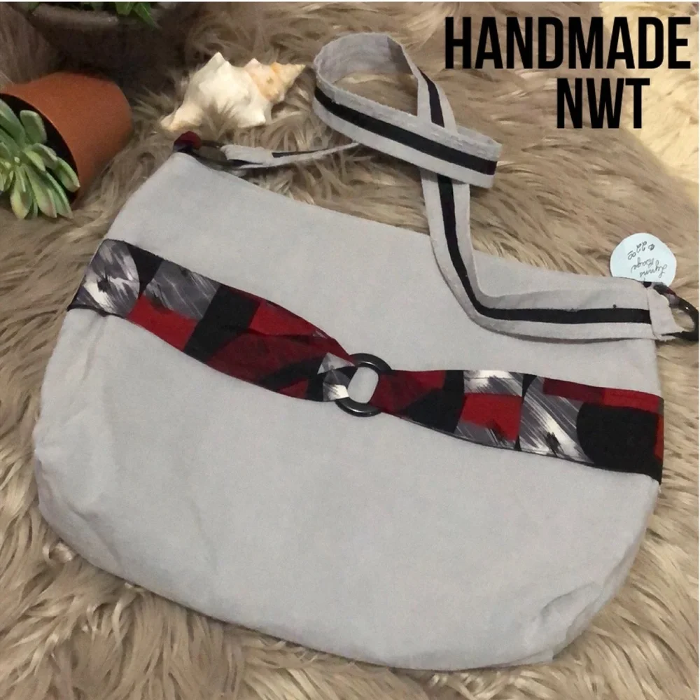 NWT-Handmade Cloth Purse-15x12-Gray-SnapTop Closure-Crossbody Style